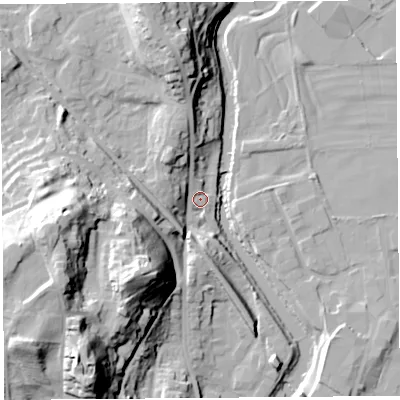 Shaded relief map of the ground around LA96DZ, computed from Environment Agency LiDAR. The ground here sits at about 47 m above sea level and falls 44 m across the surrounding 800 m. Surface water reaching this point runs off ground lying to the west-south-west, 37.1 m higher.