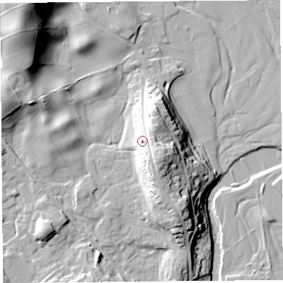 Shaded relief map of the ground around LA96EB, computed from Environment Agency LiDAR. The ground here sits at about 65 m above sea level and falls 40 m across the surrounding 800 m. Surface water reaching this point runs off ground lying to the south-east, 7.5 m higher.