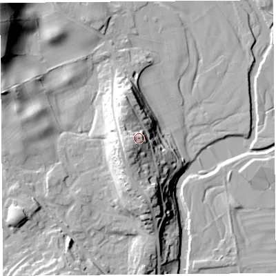 Shaded relief map of the ground around LA96EE, computed from Environment Agency LiDAR. The ground here sits at about 69 m above sea level and falls 38 m across the surrounding 800 m. Surface water reaching this point runs off ground lying to the west-south-west, 9.1 m higher.
