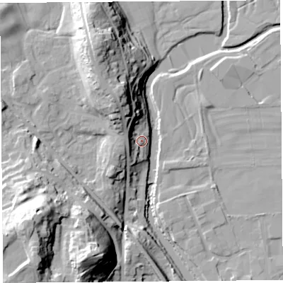 Shaded relief map of the ground around LA96EF, computed from Environment Agency LiDAR. The ground here sits at about 50 m above sea level and falls 40 m across the surrounding 800 m. Surface water reaching this point runs off ground lying to the north-west, 12.4 m higher.