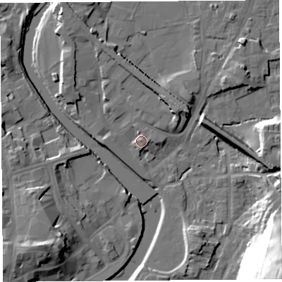Shaded relief map of the ground around LA96EL, computed from Environment Agency LiDAR. The ground here sits at about 47 m above sea level and falls 39 m across the surrounding 800 m. Surface water reaching this point runs off ground lying to the north-east, 2.5 m higher.