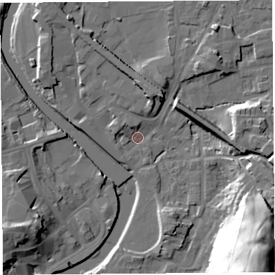 Shaded relief map of the ground around LA96EN, computed from Environment Agency LiDAR. The ground here sits at about 44 m above sea level and falls 43 m across the surrounding 800 m. Surface water reaching this point runs off ground lying to the north-north-east, 8.7 m higher.