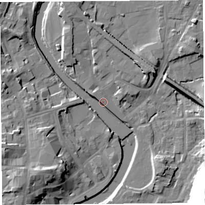 Shaded relief map of the ground around LA96EQ, computed from Environment Agency LiDAR. The ground here sits at about 46 m above sea level and falls 31 m across the surrounding 800 m. Surface water reaching this point runs off ground lying to the west, 1.5 m higher.