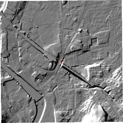Shaded relief map of the ground around LA96ER, computed from Environment Agency LiDAR. The ground here sits at about 45 m above sea level and falls 31 m across the surrounding 800 m. Surface water reaching this point runs off ground lying to the south-east, 9.6 m higher.