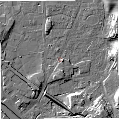Shaded relief map of the ground around LA96ES, computed from Environment Agency LiDAR. The ground here sits at about 47 m above sea level and falls 17 m across the surrounding 800 m. Surface water reaching this point runs off ground lying to the south-west, 6.6 m higher.