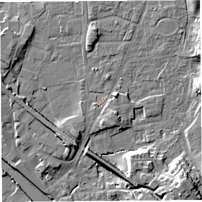 Shaded relief map of the ground around LA96ET, computed from Environment Agency LiDAR. The ground here sits at about 47 m above sea level and falls 16 m across the surrounding 800 m. Surface water reaching this point runs off ground lying to the south-east, 3.9 m higher.