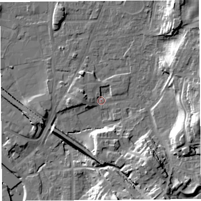 Shaded relief map of the ground around LA96EU, computed from Environment Agency LiDAR. The ground here sits at about 46 m above sea level and falls 24 m across the surrounding 800 m. Surface water reaching this point runs off ground lying to the east-south-east, 19.0 m higher.