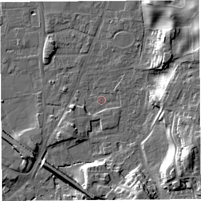 Shaded relief map of the ground around LA96EW, computed from Environment Agency LiDAR. The ground here sits at about 47 m above sea level and falls 21 m across the surrounding 800 m. Surface water reaching this point runs off ground lying to the south-west, 2.5 m higher.