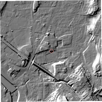 Shaded relief map of the ground around LA96EX, computed from Environment Agency LiDAR. The ground here sits at about 47 m above sea level and falls 22 m across the surrounding 800 m. Surface water reaching this point runs off ground lying to the south-east, 16.2 m higher.