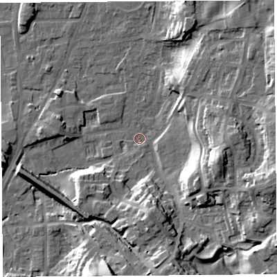 Shaded relief map of the ground around LA96EY, computed from Environment Agency LiDAR. The ground here sits at about 46 m above sea level and falls 22 m across the surrounding 800 m. Surface water reaching this point runs off ground lying to the east-south-east, 19.4 m higher.