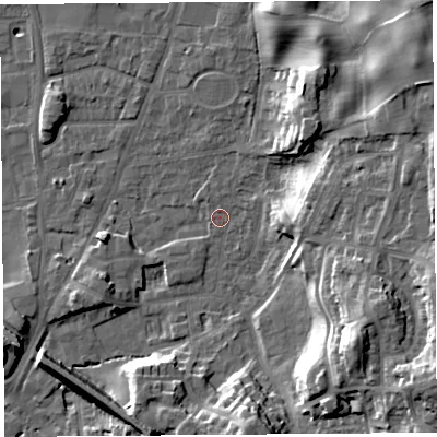 Shaded relief map of the ground around LA96EZ, computed from Environment Agency LiDAR. The ground here sits at about 47 m above sea level and falls 22 m across the surrounding 800 m. Surface water reaching this point runs off ground lying to the north-north-east, 13.3 m higher.