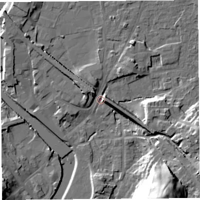 Shaded relief map of the ground around LA96FB, computed from Environment Agency LiDAR. The ground here sits at about 45 m above sea level and falls 33 m across the surrounding 800 m. Surface water reaching this point runs off ground lying to the east-south-east, 9.6 m higher.