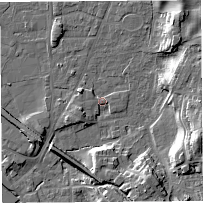 Shaded relief map of the ground around LA96FH, computed from Environment Agency LiDAR. The ground here sits at about 47 m above sea level and falls 23 m across the surrounding 800 m. Surface water reaching this point runs off ground lying to the west-south-west, 5.0 m higher.