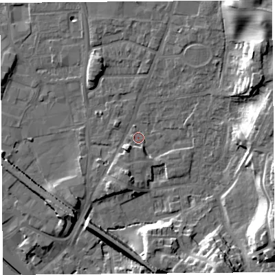 Shaded relief map of the ground around LA96FL, computed from Environment Agency LiDAR. The ground here sits at about 47 m above sea level and falls 17 m across the surrounding 800 m. Surface water reaching this point runs off ground lying to the south-south-west, 2.5 m higher.