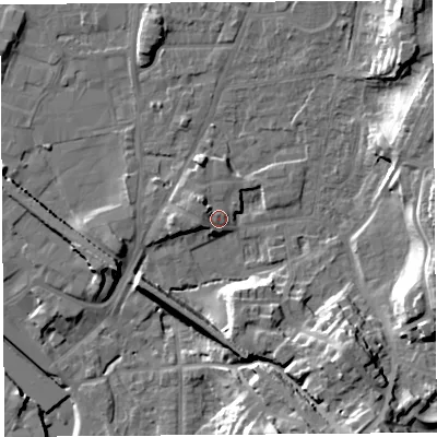 Shaded relief map of the ground around LA96FN, computed from Environment Agency LiDAR. The ground here sits at about 48 m above sea level and falls 19 m across the surrounding 800 m. Surface water reaching this point runs off ground lying to the north-west, 3.8 m higher.