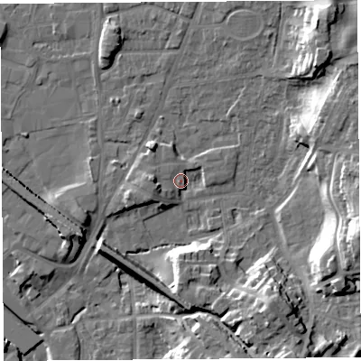 Shaded relief map of the ground around LA96FR, computed from Environment Agency LiDAR. The ground here sits at about 47 m above sea level and falls 23 m across the surrounding 800 m. Surface water reaching this point runs off ground lying to the west, 5.0 m higher.