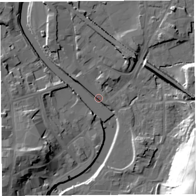 Shaded relief map of the ground around LA96FS, computed from Environment Agency LiDAR. The ground here sits at about 45 m above sea level and falls 48 m across the surrounding 800 m. Surface water reaching this point runs off ground lying to the west, 5.5 m higher.