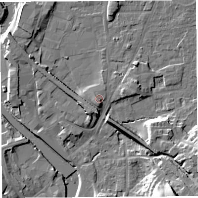 Shaded relief map of the ground around LA96FU, computed from Environment Agency LiDAR. The ground here sits at about 48 m above sea level and falls 22 m across the surrounding 800 m. Surface water reaching this point runs off ground lying to the south-south-west, 2.4 m higher.
