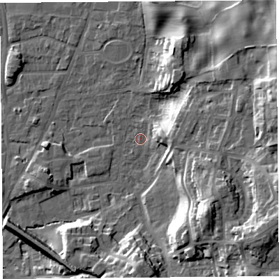 Shaded relief map of the ground around LA96HA, computed from Environment Agency LiDAR. The ground here sits at about 47 m above sea level and falls 22 m across the surrounding 800 m. Surface water reaching this point runs off ground lying to the east, 7.3 m higher.