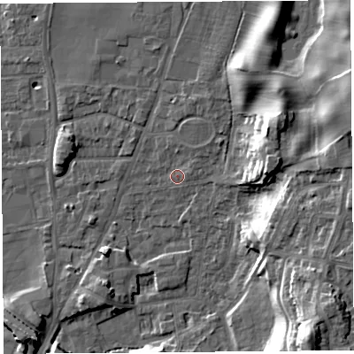 Shaded relief map of the ground around LA96HB, computed from Environment Agency LiDAR. The ground here sits at about 48 m above sea level and falls 20 m across the surrounding 800 m. Surface water reaching this point runs off ground lying to the north-north-east, 1.6 m higher.