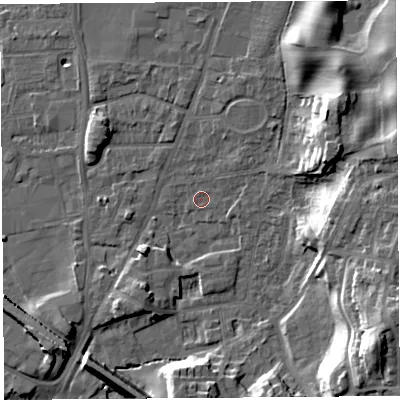 Shaded relief map of the ground around LA96HD, computed from Environment Agency LiDAR. The ground here sits at about 47 m above sea level and falls 21 m across the surrounding 800 m. Surface water reaching this point runs off ground lying to the north-north-east, 4.6 m higher.