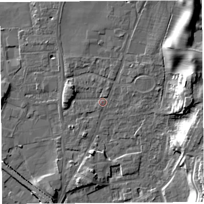 Shaded relief map of the ground around LA96HE, computed from Environment Agency LiDAR. The ground here sits at about 48 m above sea level and falls 15 m across the surrounding 800 m. Surface water reaching this point runs off ground lying to the north-north-east, 3.8 m higher.