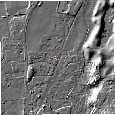 Shaded relief map of the ground around LA96HF, computed from Environment Agency LiDAR. The ground here sits at about 49 m above sea level and falls 14 m across the surrounding 800 m. Surface water reaching this point runs off ground lying to the north-north-east, 5.3 m higher.