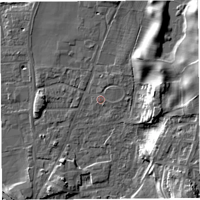 Shaded relief map of the ground around LA96HG, computed from Environment Agency LiDAR. The ground here sits at about 49 m above sea level and falls 17 m across the surrounding 800 m. Surface water reaching this point runs off ground lying to the north-east, 1.8 m higher.