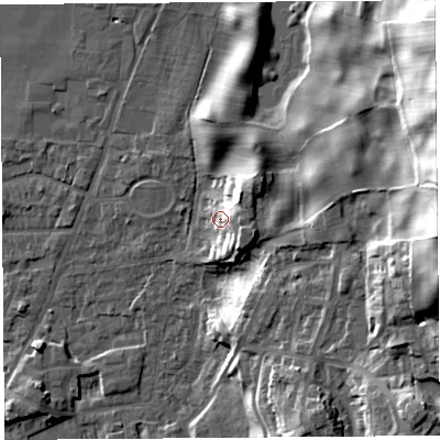 Shaded relief map of the ground around LA96HJ, computed from Environment Agency LiDAR. The ground here sits at about 52 m above sea level and falls 38 m across the surrounding 800 m. Surface water reaching this point runs off ground lying to the east-north-east, 7.3 m higher.