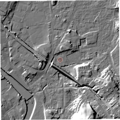 Shaded relief map of the ground around LA96HP, computed from Environment Agency LiDAR. The ground here sits at about 45 m above sea level and falls 30 m across the surrounding 800 m. Surface water reaching this point runs off ground lying to the east-south-east, 14.1 m higher.