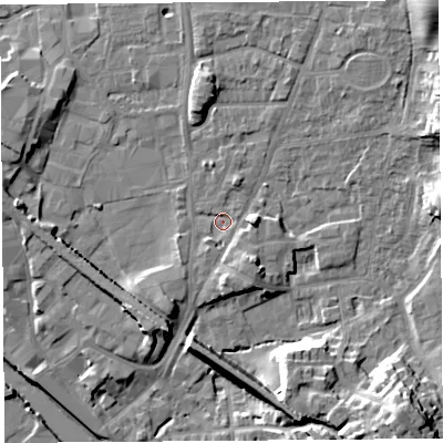 Shaded relief map of the ground around LA96HQ, computed from Environment Agency LiDAR. The ground here sits at about 46 m above sea level and falls 16 m across the surrounding 800 m. Surface water reaching this point runs off ground lying to the south-east, 4.0 m higher.