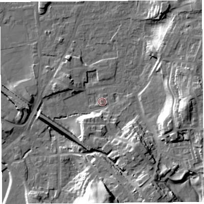 Shaded relief map of the ground around LA96HR, computed from Environment Agency LiDAR. The ground here sits at about 46 m above sea level and falls 27 m across the surrounding 800 m. Surface water reaching this point runs off ground lying to the south-south-west, 9.3 m higher.