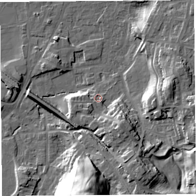 Shaded relief map of the ground around LA96HT, computed from Environment Agency LiDAR. The ground here sits at about 48 m above sea level and falls 32 m across the surrounding 800 m. Surface water reaching this point runs off ground lying to the west-south-west, 6.2 m higher.