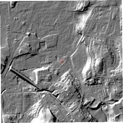 Shaded relief map of the ground around LA96HU, computed from Environment Agency LiDAR. The ground here sits at about 47 m above sea level and falls 26 m across the surrounding 800 m. Surface water reaching this point runs off ground lying to the south-south-east, 1.1 m higher.