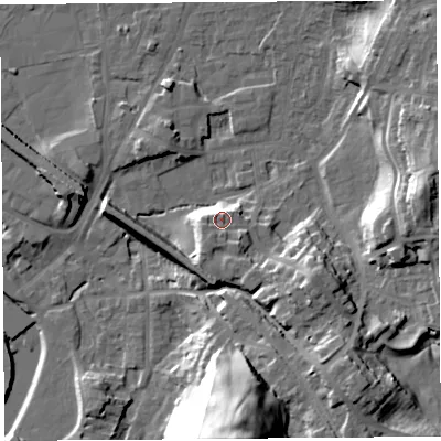 Shaded relief map of the ground around LA96HX, computed from Environment Agency LiDAR. The ground here sits at about 51 m above sea level and falls 36 m across the surrounding 800 m. Surface water reaching this point runs off ground lying to the south-west, 6.2 m higher.