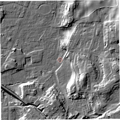 Shaded relief map of the ground around LA96JB, computed from Environment Agency LiDAR. The ground here sits at about 47 m above sea level and falls 26 m across the surrounding 800 m. Surface water reaching this point runs off ground lying to the east-north-east, 22.7 m higher.