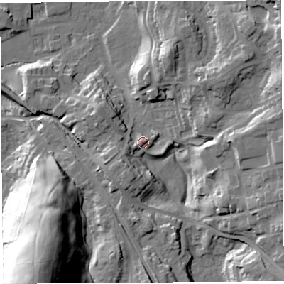 Shaded relief map of the ground around LA96JF, computed from Environment Agency LiDAR. The ground here sits at about 54 m above sea level and falls 47 m across the surrounding 800 m. Surface water reaching this point runs off ground lying to the west-south-west, 4.2 m higher.