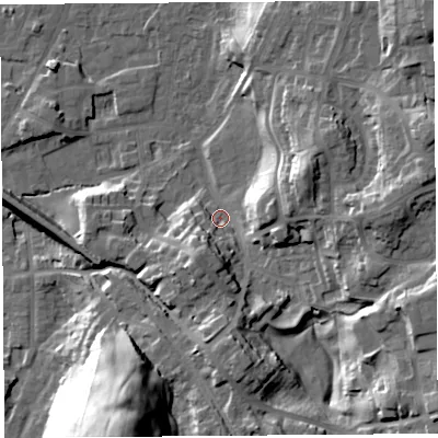 Shaded relief map of the ground around LA96JG, computed from Environment Agency LiDAR. The ground here sits at about 48 m above sea level and falls 36 m across the surrounding 800 m. Surface water reaching this point runs off ground lying to the east-south-east, 19.1 m higher.