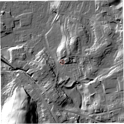 Shaded relief map of the ground around LA96JH, computed from Environment Agency LiDAR. The ground here sits at about 53 m above sea level and falls 40 m across the surrounding 800 m. Surface water reaching this point runs off ground lying to the north-north-east, 7.5 m higher.