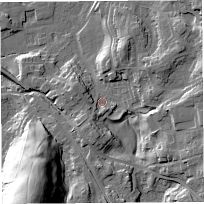 Shaded relief map of the ground around LA96JQ, computed from Environment Agency LiDAR. The ground here sits at about 52 m above sea level and falls 46 m across the surrounding 800 m. Surface water reaching this point runs off ground lying to the east-north-east, 18.9 m higher.