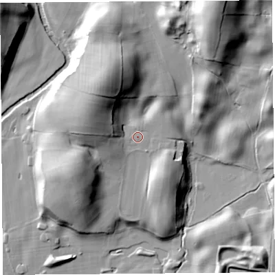 Shaded relief map of the ground around LA96LJ, computed from Environment Agency LiDAR. The ground here sits at about 57 m above sea level and falls 37 m across the surrounding 800 m. Surface water reaching this point runs off ground lying to the north-north-west, 23.6 m higher.