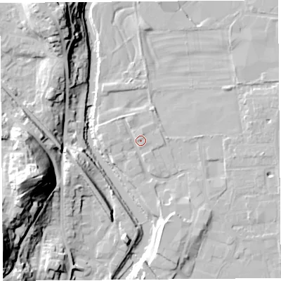 Shaded relief map of the ground around LA96LL, computed from Environment Agency LiDAR. The ground here sits at about 47 m above sea level and falls 37 m across the surrounding 800 m. Surface water reaching this point runs off ground lying to the west, 1.9 m higher.