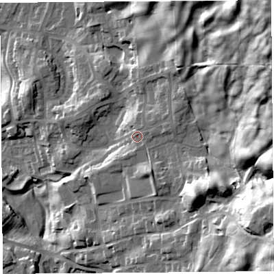 Shaded relief map of the ground around LA96LN, computed from Environment Agency LiDAR. The ground here sits at about 68 m above sea level and falls 61 m across the surrounding 800 m. Surface water reaching this point runs off ground lying to the east-north-east, 4.8 m higher.