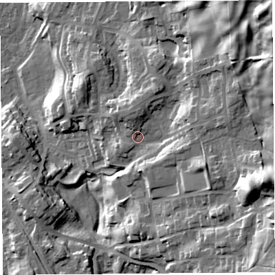 Shaded relief map of the ground around LA96LP, computed from Environment Agency LiDAR. The ground here sits at about 61 m above sea level and falls 46 m across the surrounding 800 m. Surface water reaching this point runs off ground lying to the north-east, 31.5 m higher.