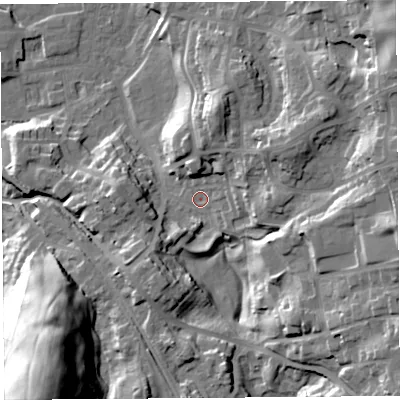 Shaded relief map of the ground around LA96LR, computed from Environment Agency LiDAR. The ground here sits at about 52 m above sea level and falls 45 m across the surrounding 800 m. Surface water reaching this point runs off ground lying to the north-east, 13.1 m higher.