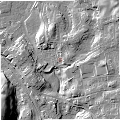 Shaded relief map of the ground around LA96LS, computed from Environment Agency LiDAR. The ground here sits at about 55 m above sea level and falls 42 m across the surrounding 800 m. Surface water reaching this point runs off ground lying to the north-north-east, 11.5 m higher.