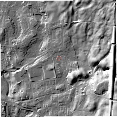Shaded relief map of the ground around LA96LT, computed from Environment Agency LiDAR. The ground here sits at about 69 m above sea level and falls 68 m across the surrounding 800 m. Surface water reaching this point runs off ground lying to the north-east, 47.8 m higher.
