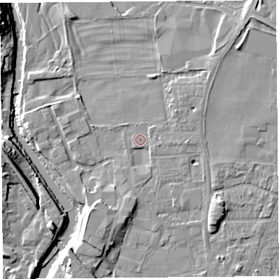 Shaded relief map of the ground around LA96LU, computed from Environment Agency LiDAR. The ground here sits at about 47 m above sea level and falls 17 m across the surrounding 800 m. Surface water reaching this point runs off ground lying to the north-east, 2.6 m higher.