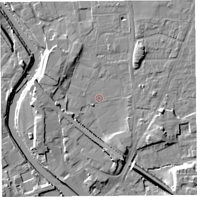 Shaded relief map of the ground around LA96LX, computed from Environment Agency LiDAR. The ground here sits at about 46 m above sea level and falls 12 m across the surrounding 800 m. Surface water reaching this point runs off ground lying to the south-west, 3.8 m higher.