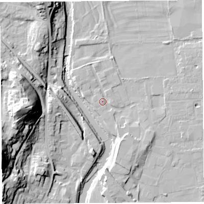 Shaded relief map of the ground around LA96LZ, computed from Environment Agency LiDAR. The ground here sits at about 47 m above sea level and falls 39 m across the surrounding 800 m. Surface water reaching this point runs off ground lying to the north-west, 2.1 m higher.